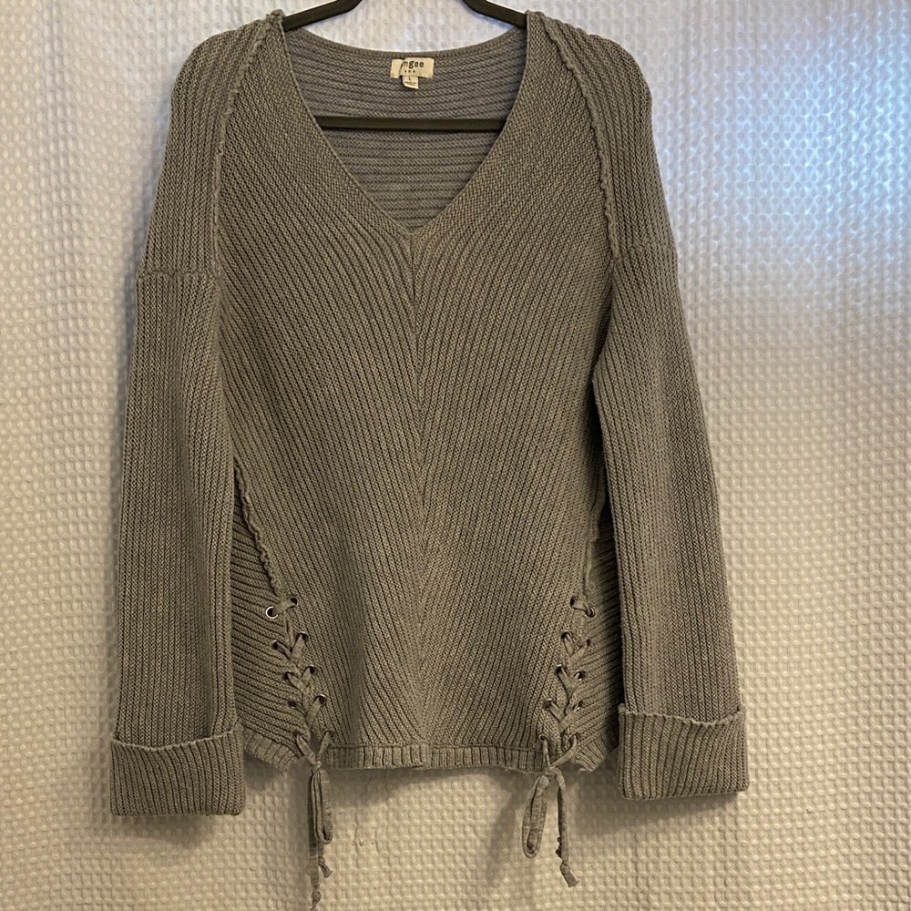 Umgee Gray V-Neck Sweater with Lace-Up Sides